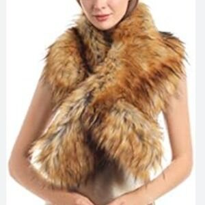 GOLDIE Luxe Faux Fox Fur Scarf‎ Wrap Shawl Collar Camel Tan Black OS